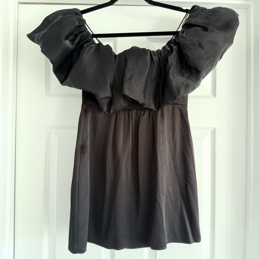 REFORMATION Alber Black Satin Off The Shoulder Mini Cocktail Dress M - Picture 5 of 11